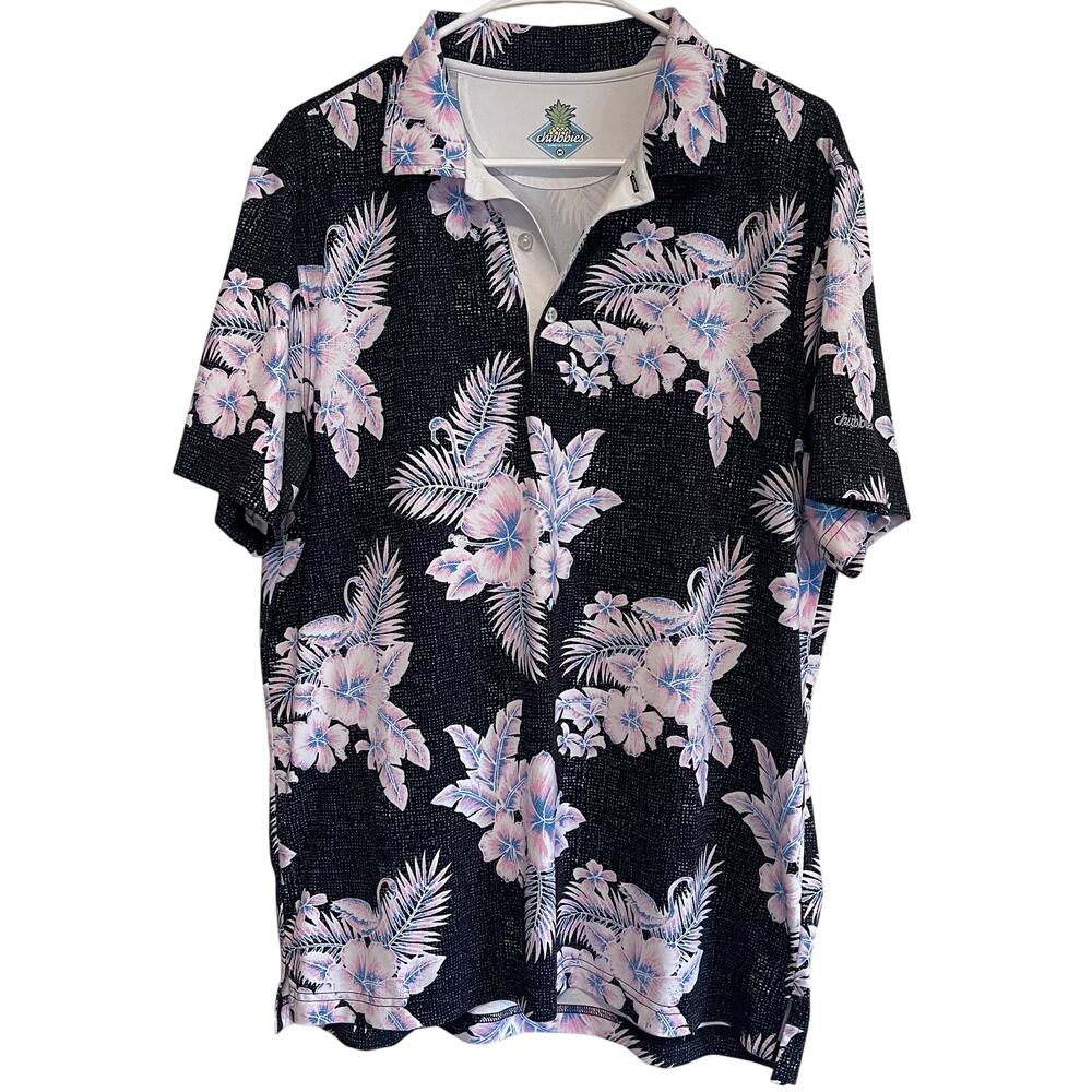 Chubbies Men's Sz M Hawaiian Short Sleeve Polo Shirt Black Pink Flamingos Floral